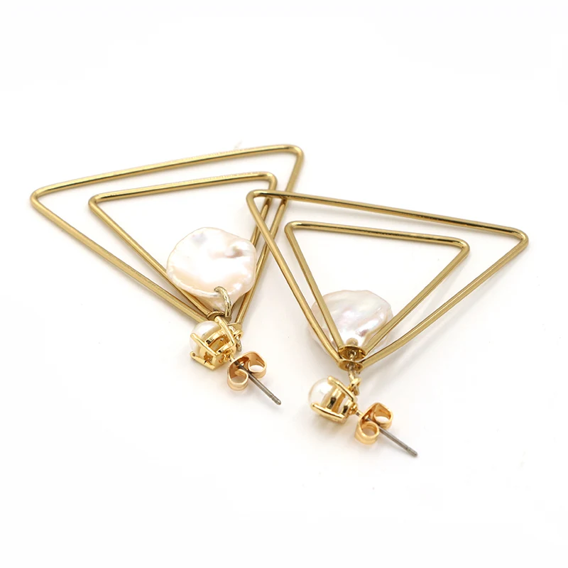 Gold Plated Brass Triangle Pearl Earrings